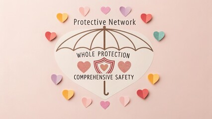 Creative Illustration of Protective Network Concept with Umbrella and Hearts on Soft Pink Background