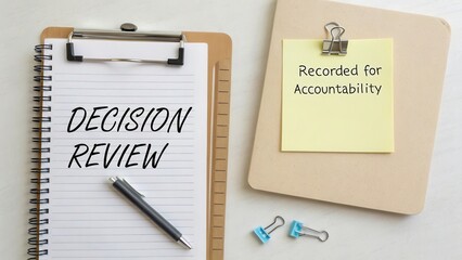 Decision Review Process with Notepad, Pen, Sticky Note, and Paper Clips for Effective Accountability