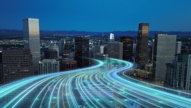 Modern American smart city with skyscrapers and digital animation showing business digitalization and new era of entrepreneurship