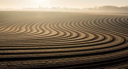 Serpentine Rows of Cultivated Earth Under a Misty Sky.