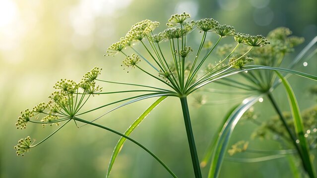 Vibrant Green Umbrella Sedge Macro in Golden Hour Sun