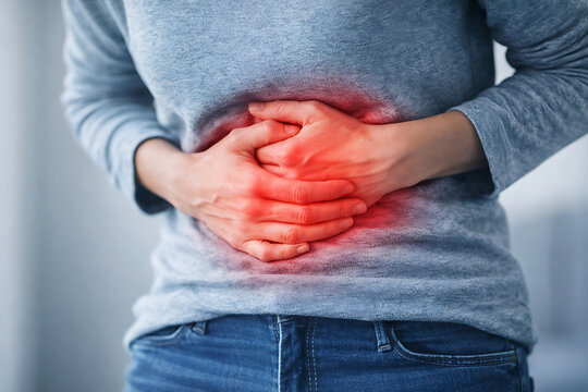 Woman Holding Stomach in Pain Abdominal Discomfort Concept