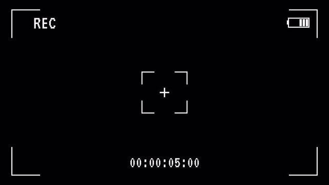 Camera recording screen on black background. Viewfinder camera screen recording animation.