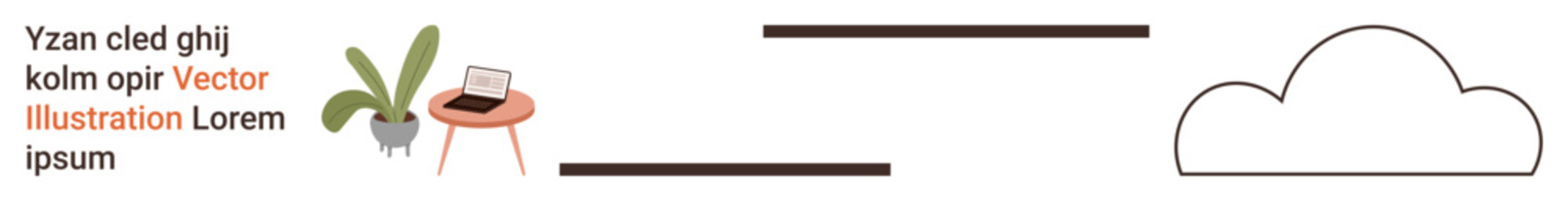 Obraz premium Remote work, cloud storage, digital organization, modern workspace, online access, data management. Laptop on table with plant, line segments and cloud icon. Remote work and cloud storage concepts