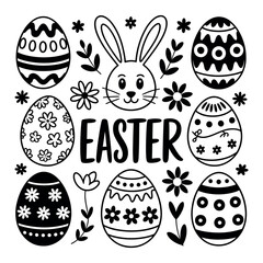 A black and white Easter illustration featuring eggs and a bunny
