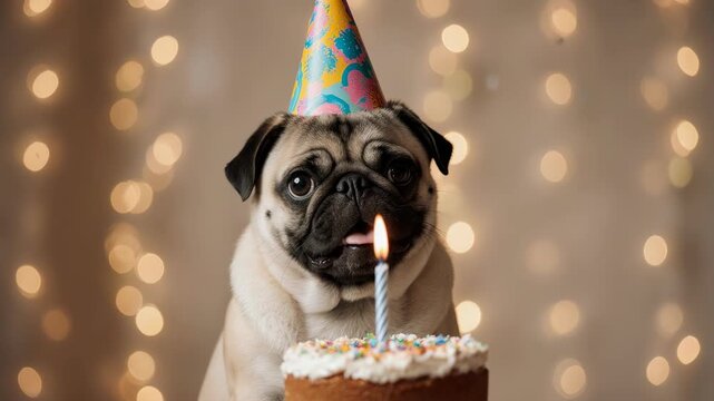 Cute Birthday Pug Dog with Cake and Confetti - Celebration Concept