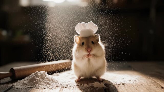 Cute Hamster Chef with Tiny Hat and Flour - Cooking Concept