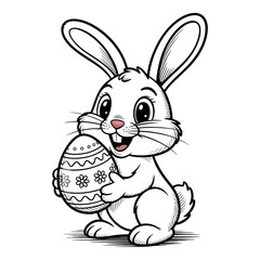 A cute cartoon bunny holding a decorated Easter egg