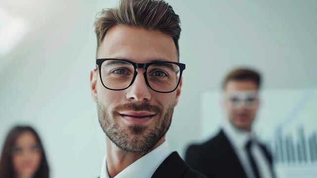 Confident Leader in a Corporate Setting: A distinguished leader exudes confidence, his gaze direct and assuring, standing at the forefront of a dynamic business environment.