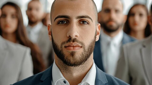 Confident Leader in a Group Setting: A determined leader, exuding confidence and composure, stands at the forefront of a supportive team, ready to guide their colleagues towards a shared objective. 