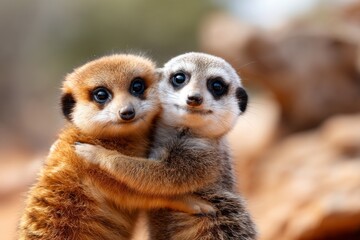 Fototapeta premium Two Adorable Meerkats Embracing in Their Natural Desert Habitat