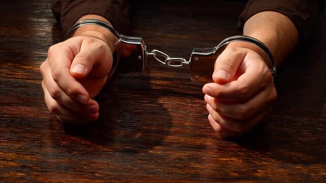 Man in handcuffs on wooden table