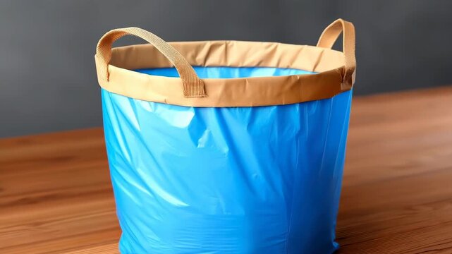 Trash Receptacle: A vibrant blue trash bag with a neutral-toned rim, designed for waste management and organized tidiness, rests on a wooden floor, offering a visually appealing solution.