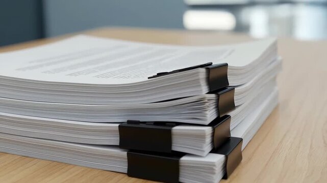 Stacked Documents: A close-up shot of several neat stacks of documents secured with clips, perfectly arranged on a polished table, conveying organization and preparedness.