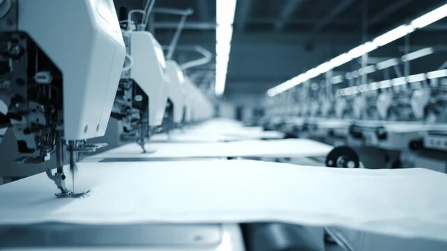 Rows of industrial sewing machines in a clean bright factory setting with overhead lighting.