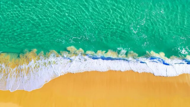 Aerial Beach Paradise: A breathtaking, high-angle view reveals the stunning contrast of crystal-clear turquoise waters lapping against a stretch of golden sand, a harmonious blend of nature's beauty