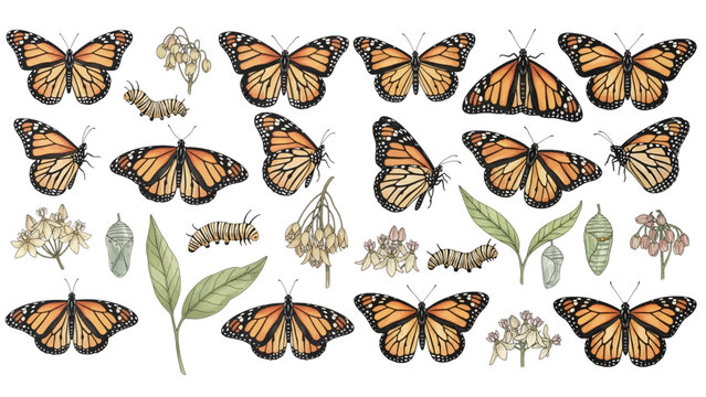 A charming watercolor collection of monarch butterflies and milkweed botanicals, featuring fluttering adults, striped caterpillars, delicate chrysalises, leafy stems, and blooming flowers