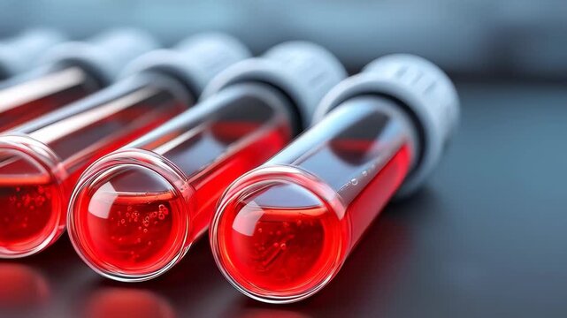 Laboratory Analysis of blood samples: A close-up view of a row of test tubes filled with a crimson liquid. These samples represent an element in a science laboratory.