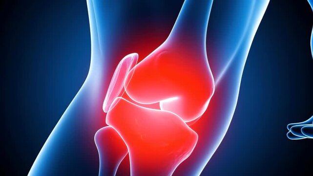 Knee Pain anatomy: A detailed, illuminated view of the knee, highlighting inflammation, pain, and the intricate structures of the joint. The medical illustration underscores the anatomy.