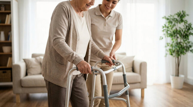 Caring young woman assists a smiling senior lady with her mobility using a walker in a bright and comfortable home environment, highlighting compassionate elderly care and support