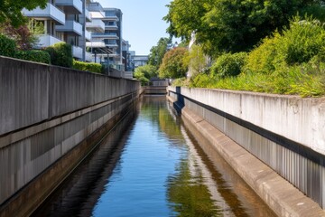 Fototapeta premium Rainwater Retention Basin with Tall Concrete Walls and Calm Water Reflection