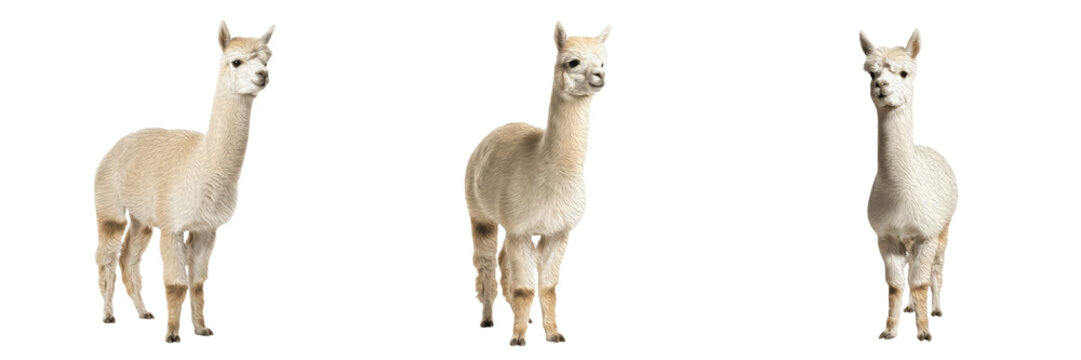 Set of fluffy white alpacas standing isolated on white background cutout