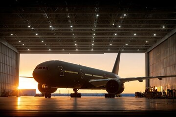 Fototapeta premium Silhouette of Large Aircraft in Hangar with Active Work and Lights On