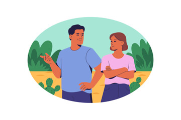 A happy couple walking together in a beautiful outdoor setting with a minimalist illustration style
