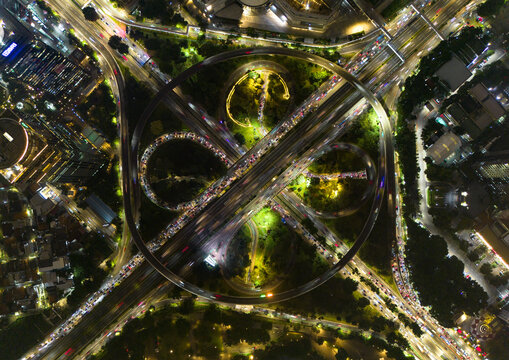 Aerial view of cityligth flyover Semanggi road at night in Jakarta Indonesia 