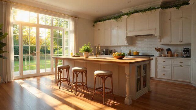 Sunlit kitchen with island and garden view