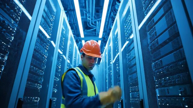 Man in orange hard hat and reflective vest works on servers in a blue lit data center.
