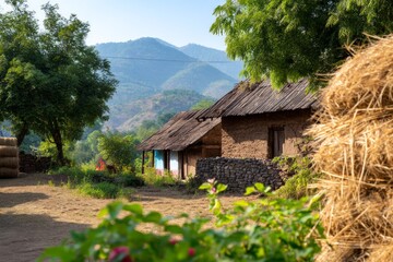 Fototapeta premium Scenic Village Activity with Natural Backdrop and Rural Landscape View