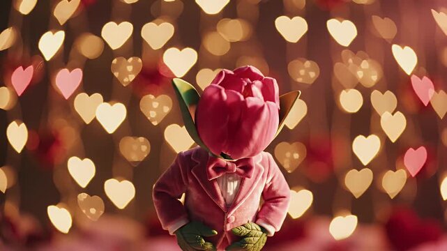 Dapper Tulip Flower Character Adjust Bowtie for Valentine Party Invitation and Romantic Suitor Concept with Heart Bokeh
