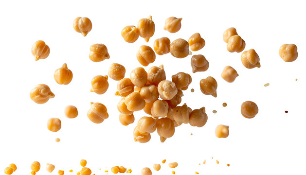 Overhead shot of numerous cooked chickpeas scattered against a black background