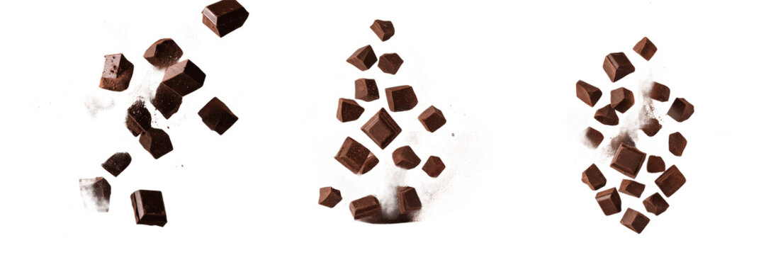 Set of falling dark chocolate pieces and chocolate chunks isolated on white background