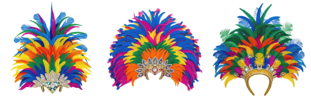 Set of colorful Brazilian carnival feather headdresses and samba headpieces isolated on white background.