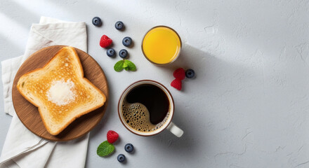 Top view breakfast composition with toast and coffee