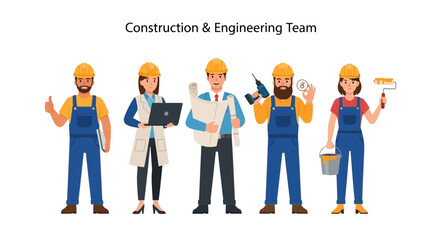 Fototapeta premium Construction and Engineering Team Group Professional Workers Illustration