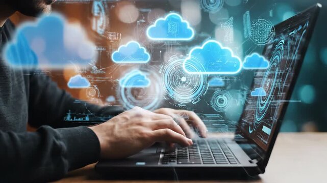 Man using laptop with futuristic blue cloud technology interface overlay.