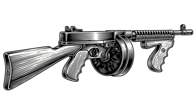 Vintage Tommy Gun Illustration Engraved Style