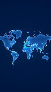 Glowing global network lines connecting points on a digital world map in a dark blue futuristic 3D animation, illustrating technology and data communication concepts
