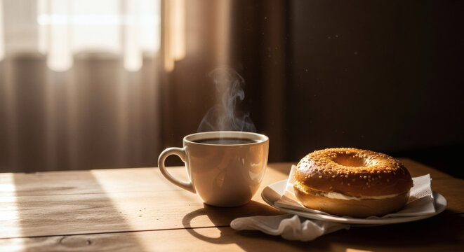 Breakfast scene with coffee cup and bagle