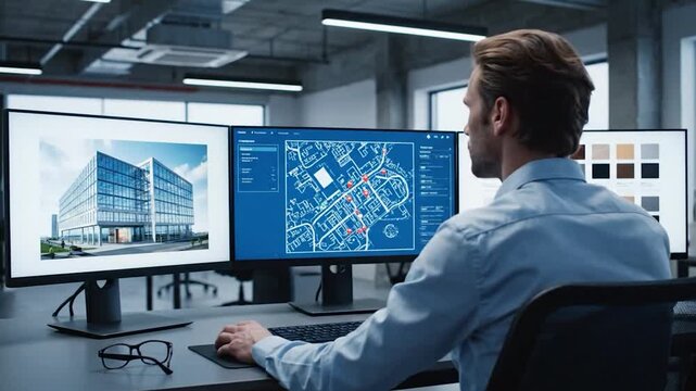 A man works on architectural designs using three computer monitors in a modern office