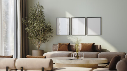 Three poster frame mock-up in modern lounge interior, 3d render