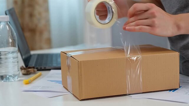 Person sealing cardboard box on desk