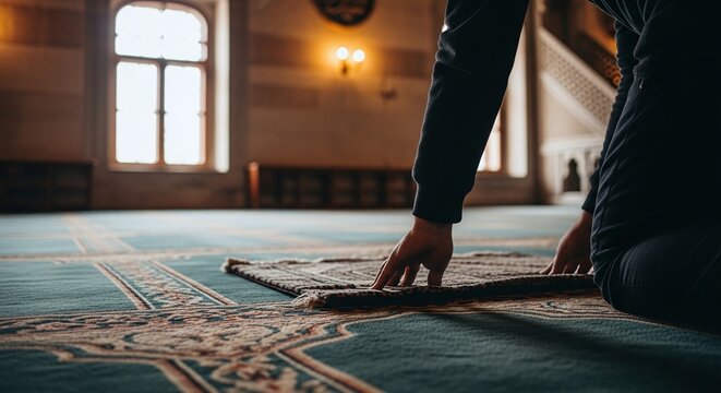 Mira&ccedil; Kandili Prayer Hall Interior with Person Preparing Rug