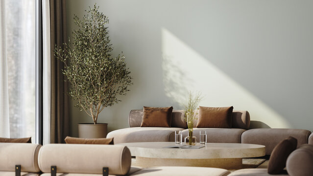 Modern lounge interior with white empty walls, 3d render