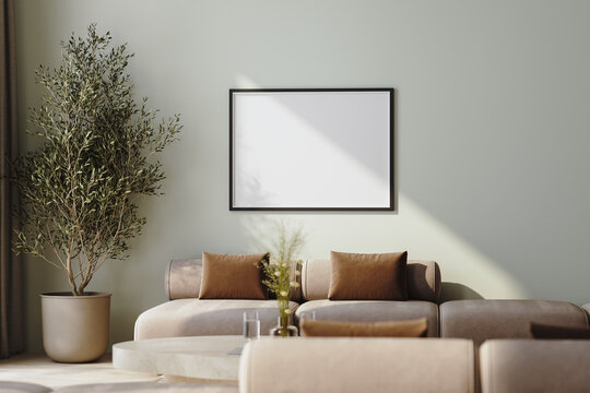 Picture frame mock-up in modern lounge interior, 3d render