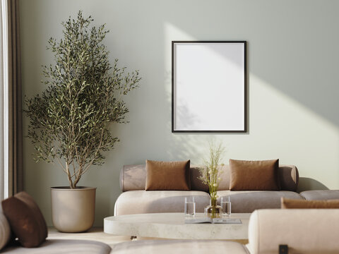 Poster frame mock-up in modern lounge interior, 3d render