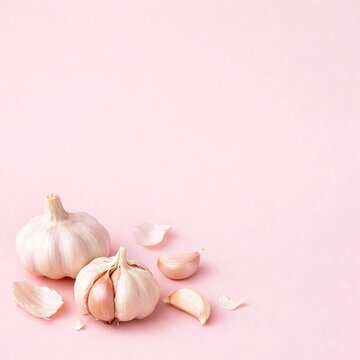 Organic garlic and peeled cloves for healthy lifestyle concept, pink backdrop